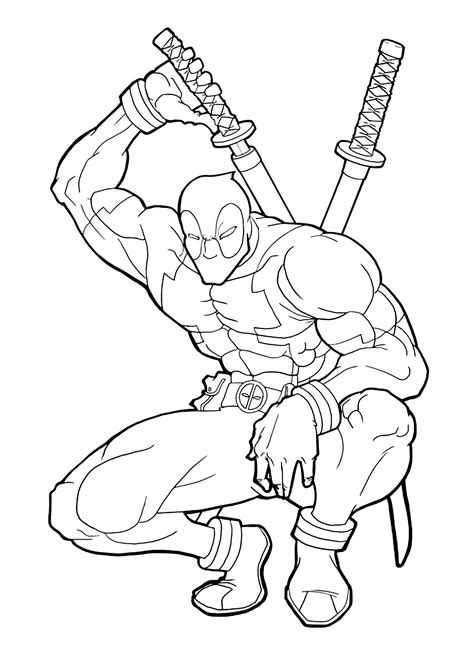 Deadpool crouches ready to draw a sword - Deadpool Coloring Pages for Kids