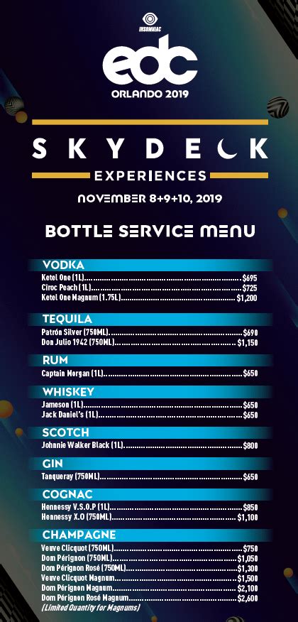 Edc Skydeck Bottle Service Menu In Case You Were Curious Redcorlando