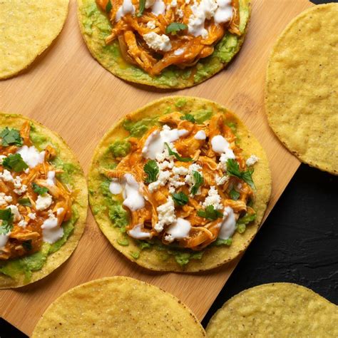 Chicken Tinga Tostadas With Cheese And Avocado Mexican Food Stock