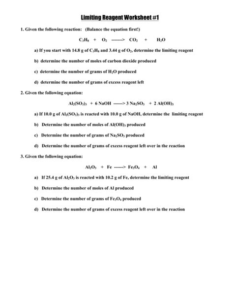 Limiting Reactant Worksheet Answers