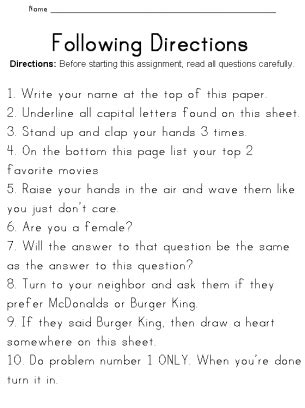 Following Directions Grade Worksheet