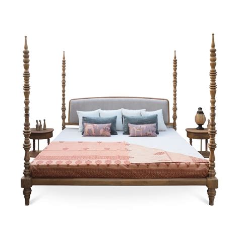 Sirik King Size Teakwood Bed With Cloud Grey Fabric Alankaram