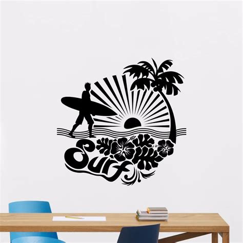 Surfing Wall Decal Removable Sports Sea Palms Surfer Vinyl Sticker Palm