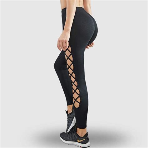 Pkygxz Womens Leggings Hollow Carved Yoga Pants Cutout Ripped Workout Leggings Cross Stripes