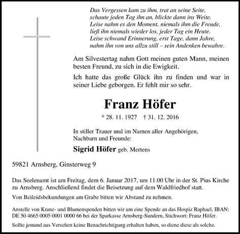 Traueranzeigen von Franz Höfer Trauer in NRW de