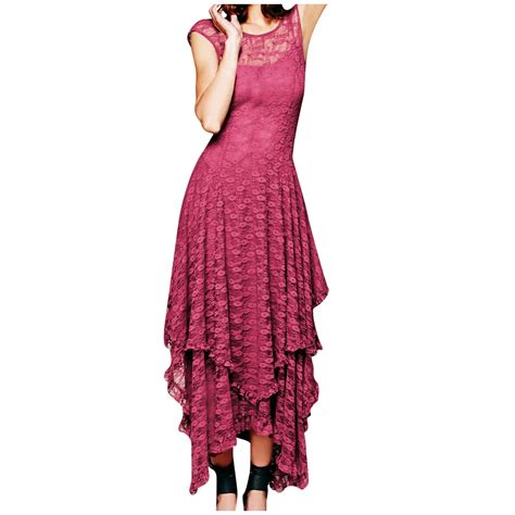 Diufon Lace Maxi Dresses For Women Round Neck Sleeveless Dress Ruffle Irregular Hem Dress