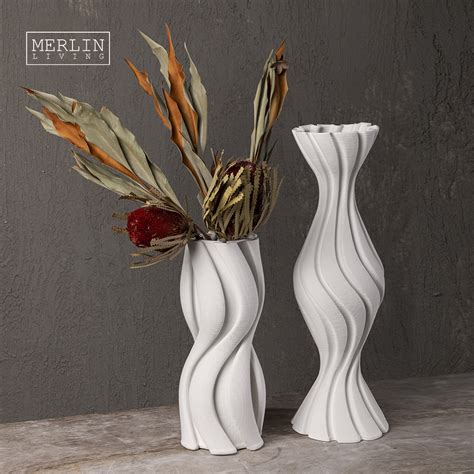 Best Merlin Living 3D Printing Tall Slim Water Flow White Ceramic Vase