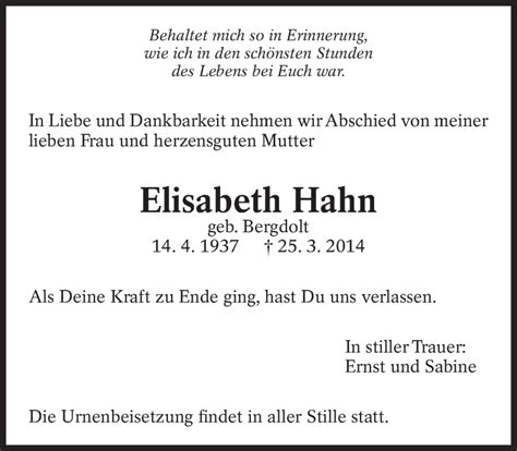 Traueranzeigen Von Elisabeth Hahn Zeit Des Gedenkens De