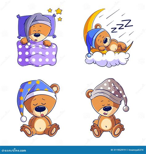 Cute Bear Sleeping Hand Drawn Style Set Stock Vector Illustration Of