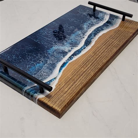 Dark Blue Ocean Wave Epoxy Charcuterie Board W Handles Etsy