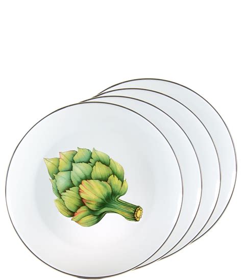 Golden Rabbit Enamelware Artichoke Fresh Produce Dinner Plates Set Of