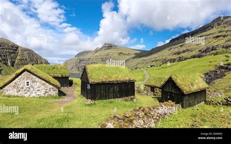 Panoramic Of Typical Grass Roof Turf Roof Houses Saksun Streymoy Island Faroe Islands