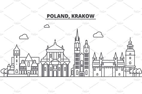 Poland Krakow Architecture Line Skyline Illustration Linear Vector