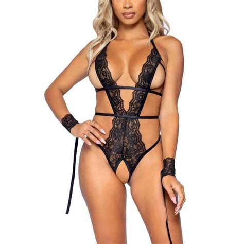 Ensemble Pi Ces Body String Ouvert Et Menottes Noir Leg Avenue