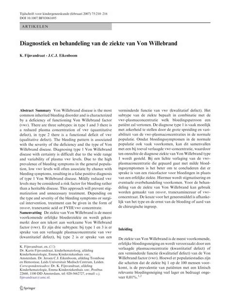 PDF Diagnostiek En Behandeling Van De Ziekte Van Von Willebrand