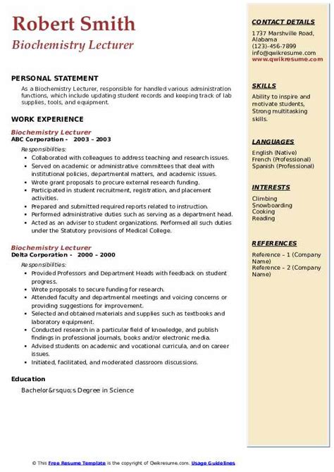 Biochemistry Lecturer Resume Samples QwikResume