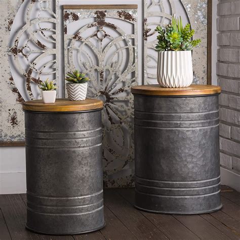 Industrial Barrel End Table Set With Storage Galovanized Metal Drum And