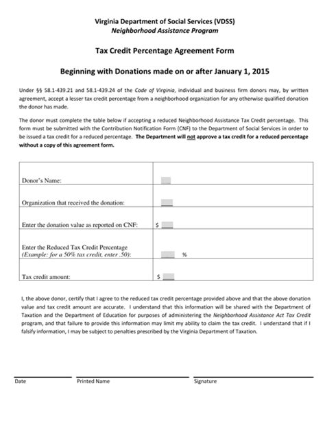 Virginia Tax Credit Percentage Agreement Form Neighborhood Assistance