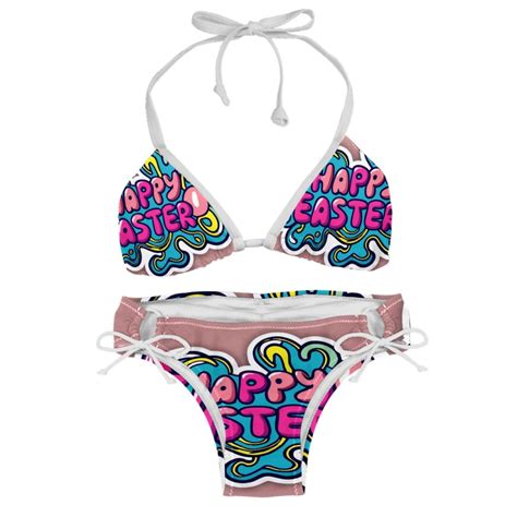 Easter Font Swimsuit Bikini Set With Detachable Sponge And Adjustable