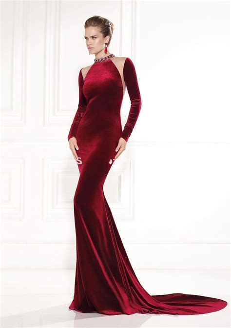 Burgundy Mermaid Beaded Long Sleeve Prom Gown New Years Eve 2017 Long