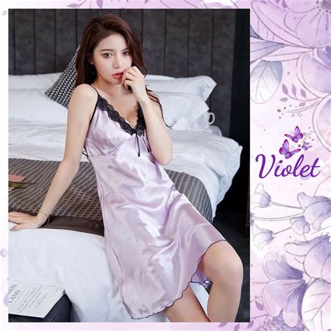 Jual Violet Lingerie Baju Tidur Wanita Sexy Satin Motif Polos Hiasan