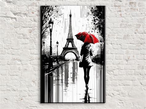 Paris Street Scene Canvas, Woman With Red Umbrella Wall Art, Black and White Touch of Color ...