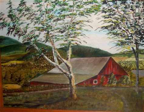 Oil Painting Red Barn Vintage Art from carolines-collectibles on Ruby Lane