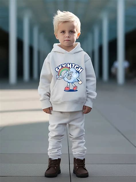 Cloud Rainbow Print Hooded Outfit Boys Hoodie Comfy Pants Temu