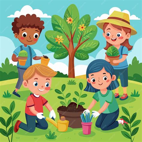 cartoon illustration  children planting trees  plants premium