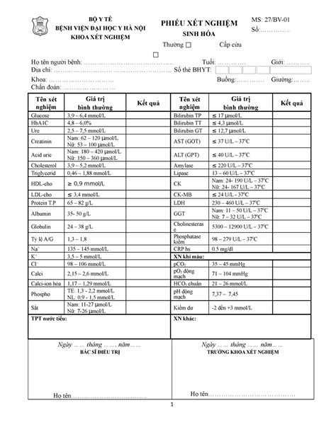 Thực hành Hóa sinh máu Mẫu phiếu XN BỘ Y TẾ BỆNH VIỆN ĐẠI HỌC Y HÀ