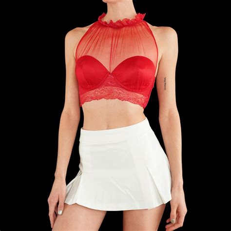 La Perla Red Satin Bra With Mesh Ruffle Depop