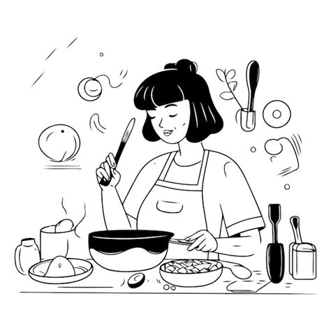 Mujer Cocinando En La Cocina En Un Estilo Plano Vector Premium