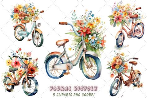 Vintage Floral bike Watercolor Clipart Bundle