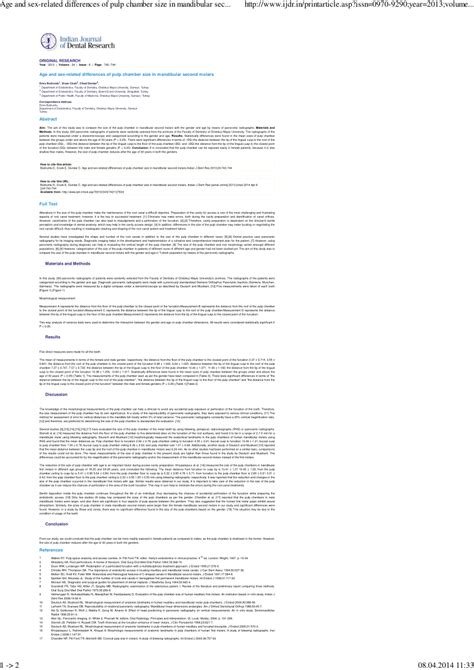 PDF Age And Sex Related Differences Of Pulp Chamber Size In