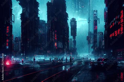 Asian Japanese Cyberpunk Futuristic City Dark Rainy Day With Sky