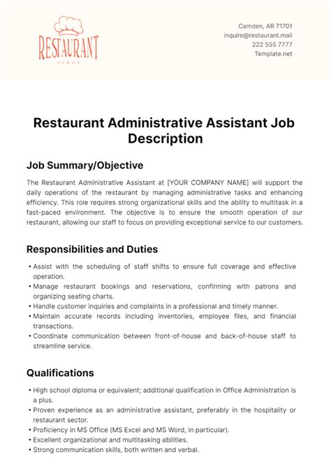Free Restaurant Administrative Assistant Job Description Template to