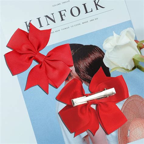 4PCS Red Ribbon Hair Bows Clips - 3.2inch Grosgrain Alligator Hair ...