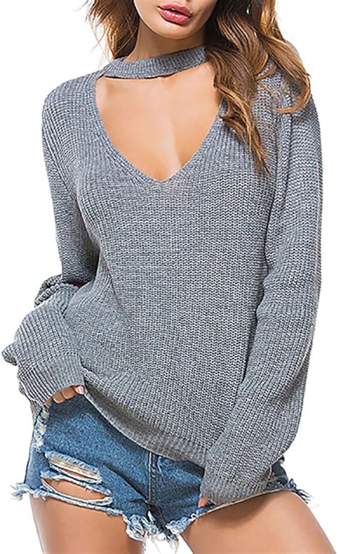 Foluton Damen Pullover Einfarbig Tiefer V Ausschnitt Mit Halsbund