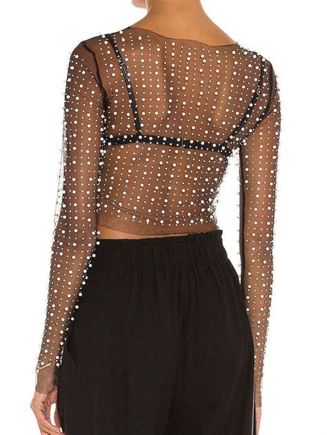 Apperloth A Festival Pearls Beaded Rhinestone Detail Sheer Mesh Crop