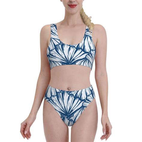 Fotbe Women S Blue Shells Print Bikini High Waisted Swimsuit Two Piece