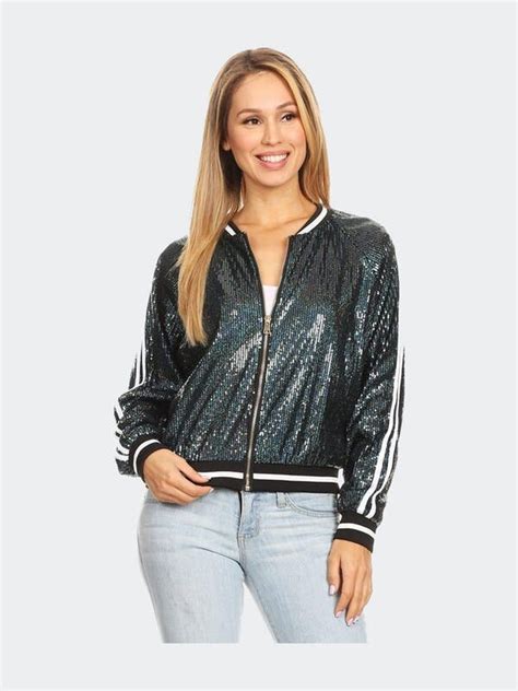 Anna Kaci Striped Metallic Sequin Varsity Jacket Green Shopstyle