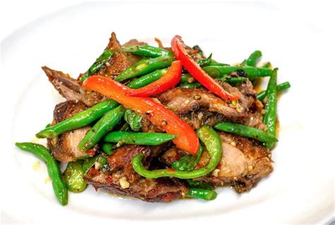 Stir Fried Duck With Basil In Long Plate Ready To Serve Top View Stock Image Image Of