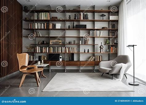 Mid-century Modern Bookshelf in a Sleek and Minimalist Room Stock ...