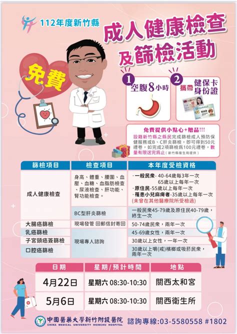 免費成人健檢 4 22、5 6竹縣關西2場整合性篩檢活動 自由健康網