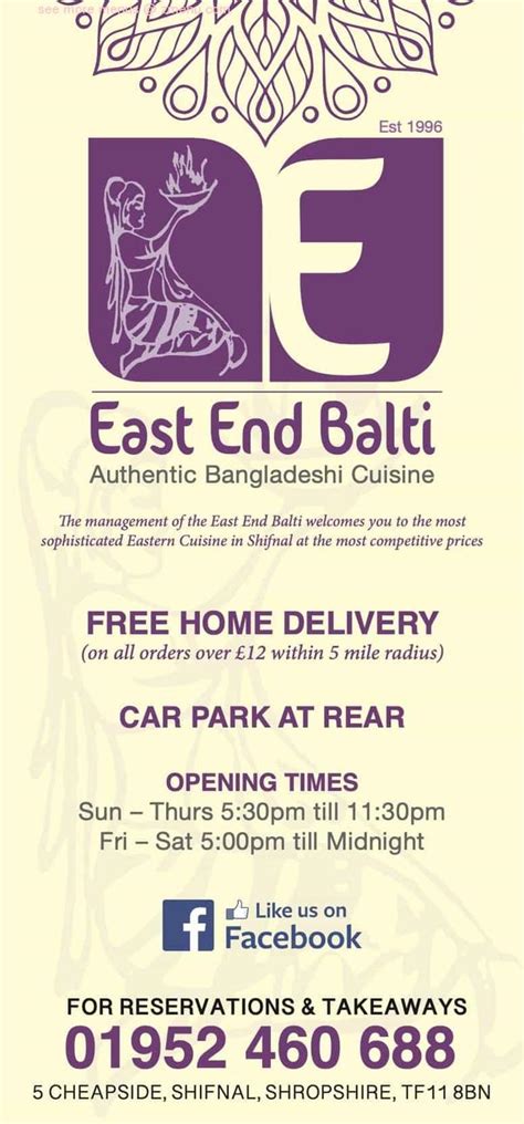 Online Menu Of East End Balti Restaurant Shifnal United Kingdom Tf