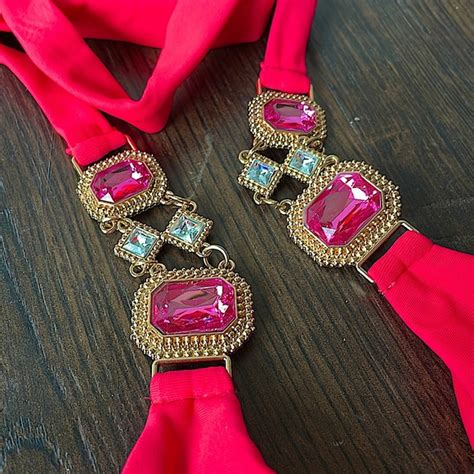 ImOgen Swim Nwt L Triangle String Scrunch Jewels Bikini Neon Red W Rhinestones Crystal