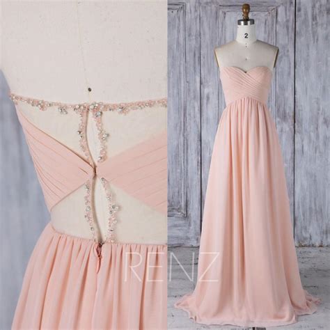 2017 Peach Chiffon Bridesmaid Dress With Beading Ruched Sweetheart Wedding Dress Empire A Line