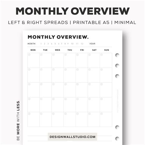 Monthly Overview Planner Printable Insert A5and Digital Download