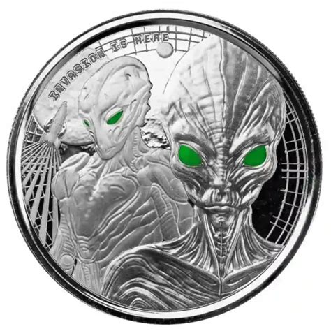 Ghana Alien Invasion 1 Uncja Srebra 2023 Kolorowany PROOF Smocza Mennica