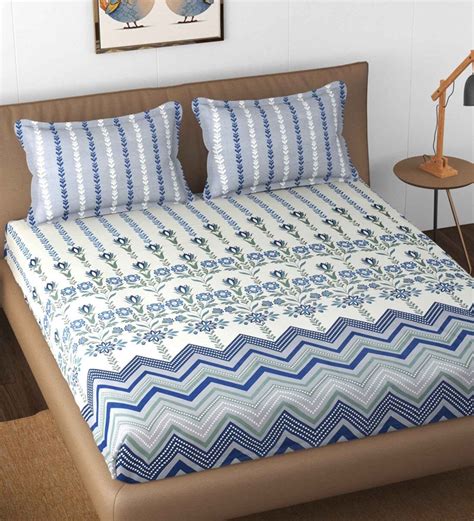 Buy Blue Floral 210 Tc Cotton King Sized Fitted Bed Sheets With 2